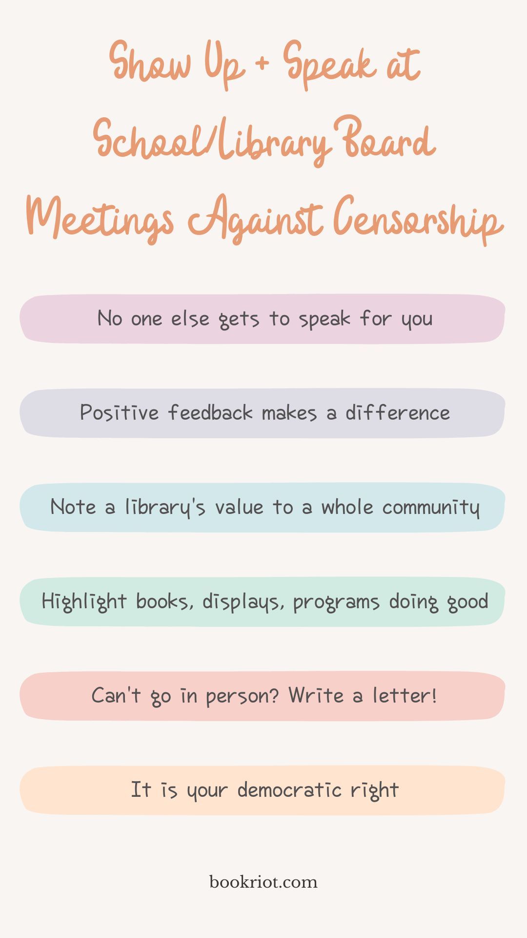 Shareable graphic featuring a list of reasons why showing up to school and library board meetings is important. These are highlights from the above text.