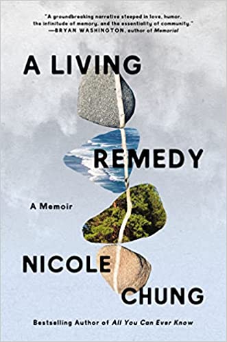 cover of A Living Remedy: A Memoir by Nicole Chung; image of four rocks balanced on each other, with different elements in them
