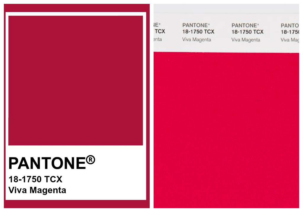 Two official Pantone swatches for the color Viva Magenta. The one on the left is more red/purple than the one on the right. 