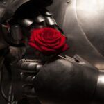 knight in armor holding a red rose