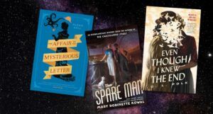 three covers of sci-fi and fantasy mystery book covers