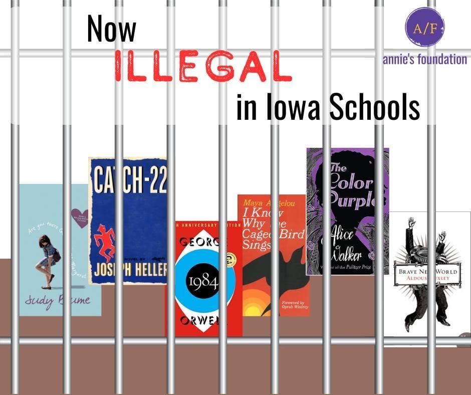 Image from Annie's Foundation featuring six books banned in Iowa schools.