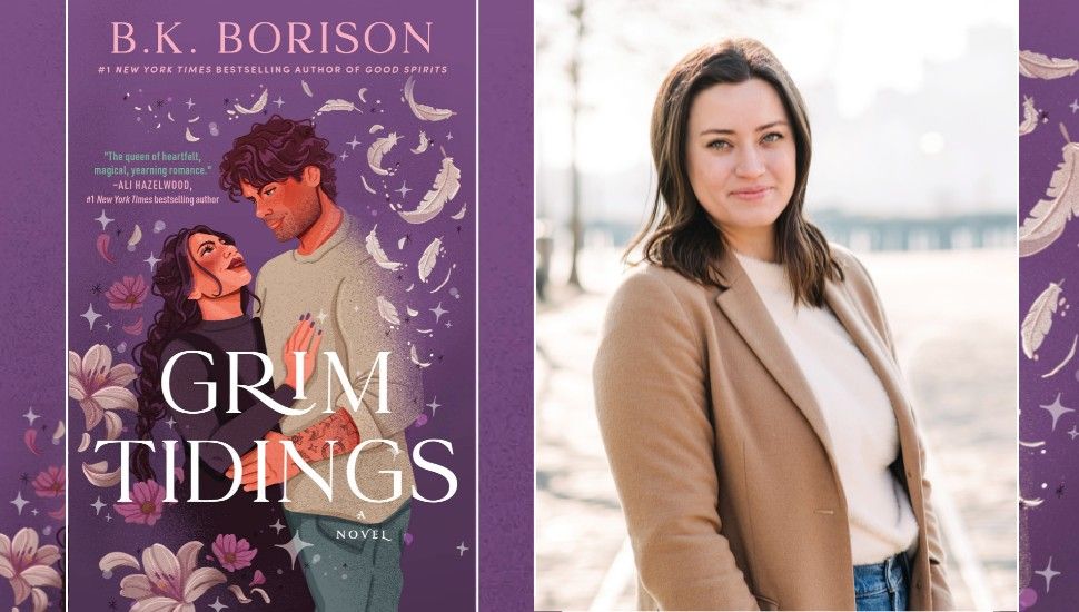 the cover of Grim Tidings and a headshot of B. K. Borison