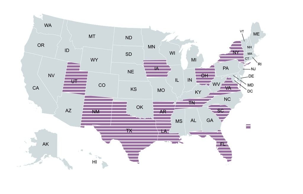Image of a US map, with 12 states colored in with purple stripes. Those stripes indicate the states from which there are survey responses.