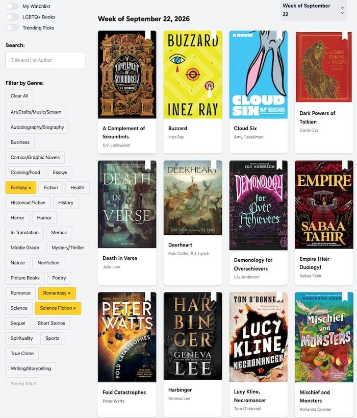 a screenshot of the New Release Index displaying new SFF books out this week
