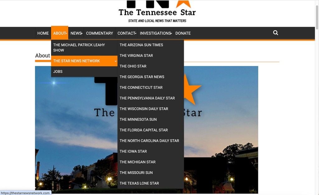screen shot of the "about us" page on the tennessee star with its list of affiliated newspapers.