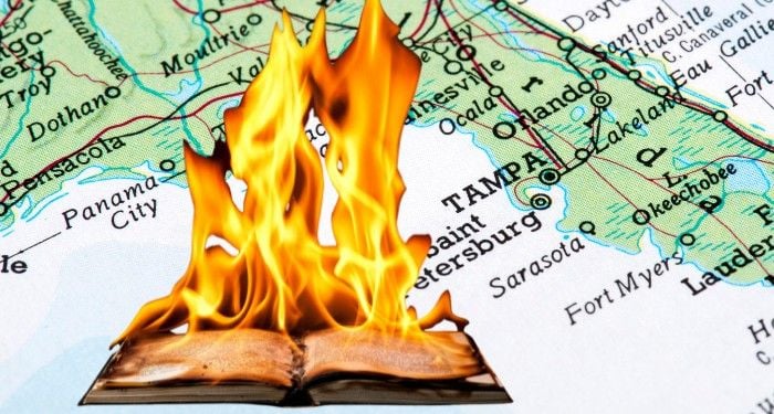 map of florida with an image of a book burning on top of it