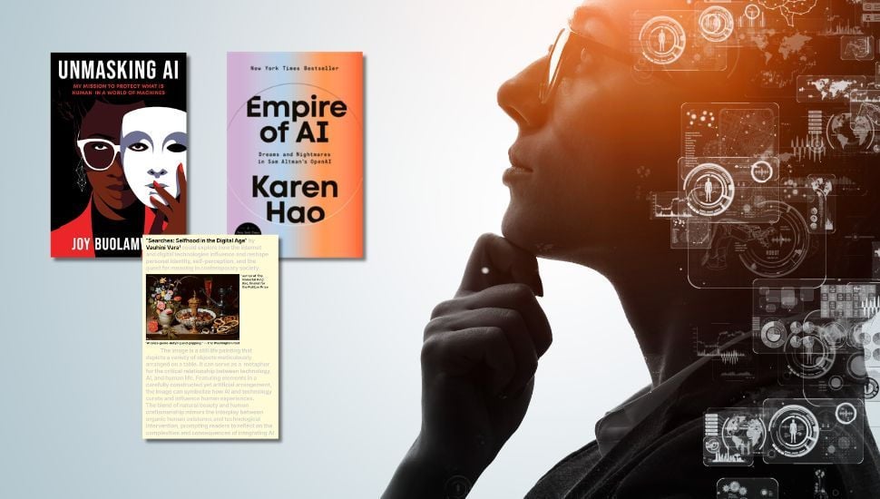 covers of three books about ai next to image of a woman with her hands held up to her chin