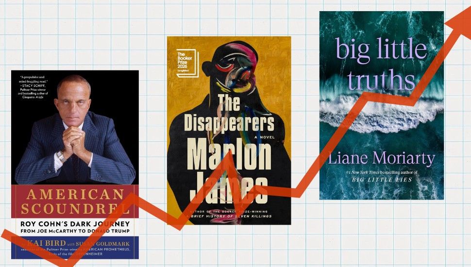 covers of three books on a chart with a red arrow pointing up and to the right. The covers are for American Scoundrel, The Disappearers, and Big Little Truths