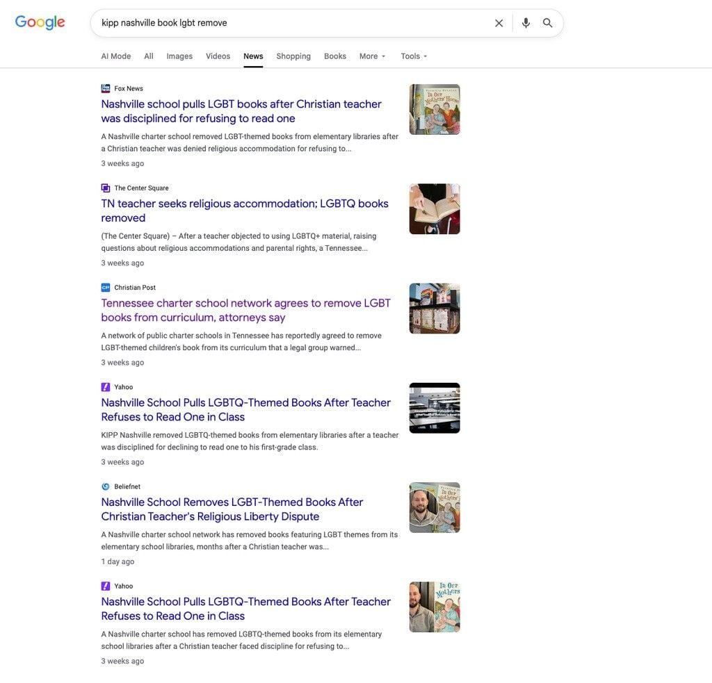 Image of the results for the google search of keywords "kipp nashville book lgbtq remove"