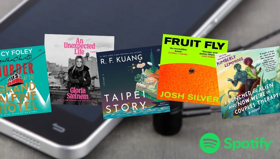 covers for the audiobook versions of five books available on Spotify in September 2026